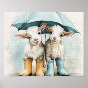 Póster Dos cabras bebé adorables en un día de lluvia