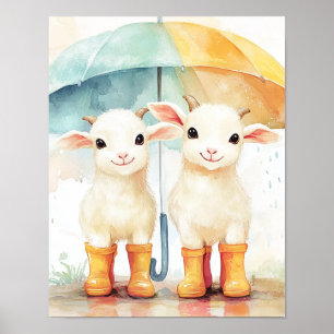 Póster Dos cabras bebés en un día de lluvia