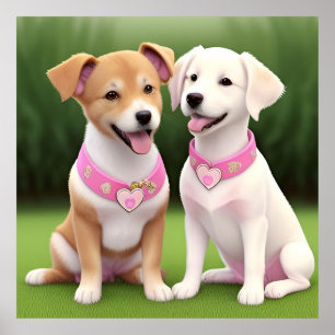 Póster Dos cachorros adorables sentados en hierba