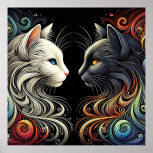 Póster Dos caras de gato contrastantes con remolinos vibr
