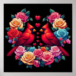 Póster Dos cardenales con Rosas y corazones coloridos