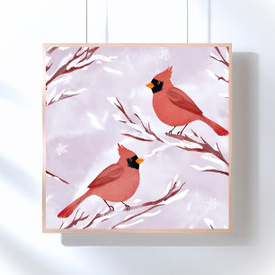 Póster Dos cardenales rojos   Pintura de acuarela