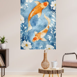 Póster Dos carpas koi nadando entre flores. 