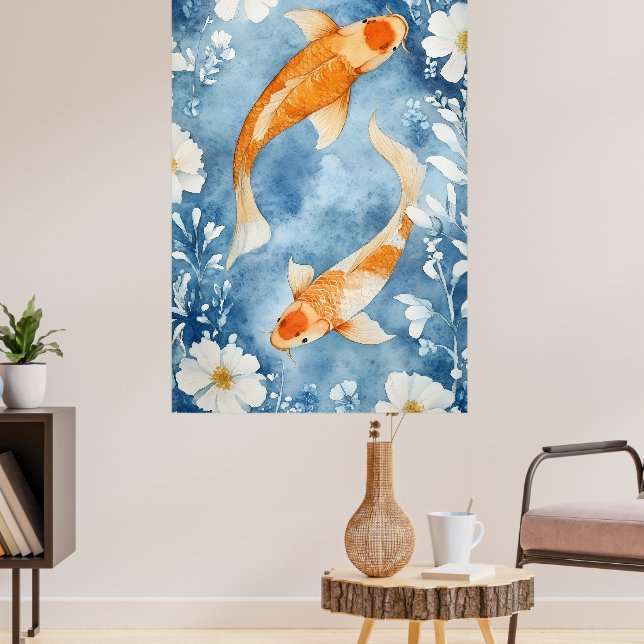 Póster Dos carpas koi nadando entre flores.  (Salón 3)