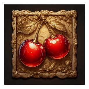 Póster Dos cerezas rojas brillantes con hojas doradas