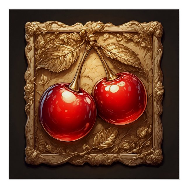 Póster Dos cerezas rojas brillantes con hojas doradas (Anverso)