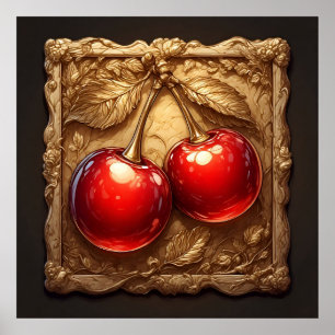 Póster Dos cerezas rojas brillantes con hojas doradas