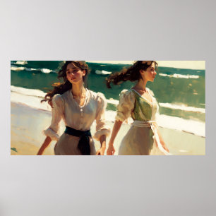 Póster Dos Chicas caminando a lo largo de la costa en un