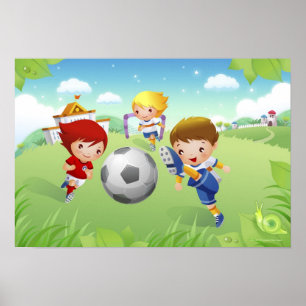 Póster Dos chicas y un niño jugando fútbol