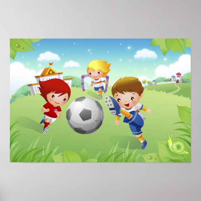 Póster Dos chicas y un niño jugando fútbol (Frente)