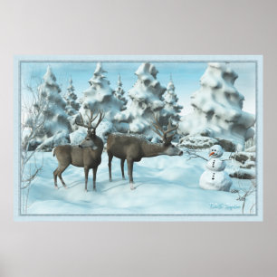 Póster Dos ciervos y un muñeco de nieve