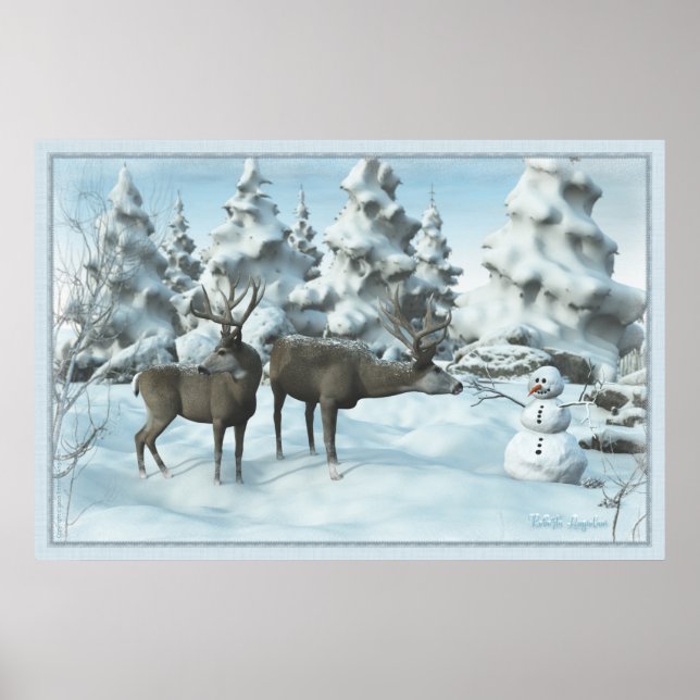 Póster Dos ciervos y un muñeco de nieve (Frente)