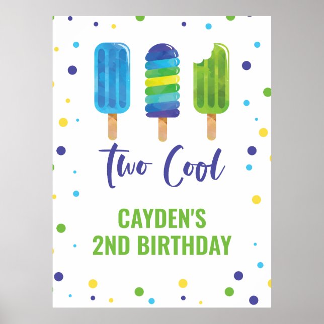 Póster Dos Cool Cumpleaños 2º Paleta De Hielo Azul Verde (Frente)