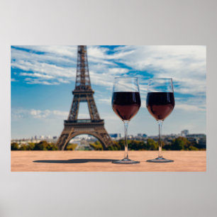 Póster Dos copas de vino con Torre Eiffel