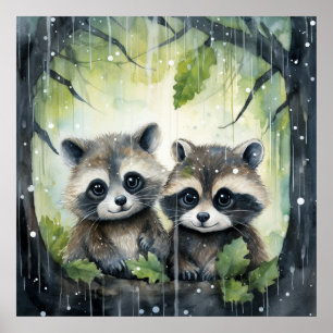 Póster Dos crías de mapache bajo la lluvia