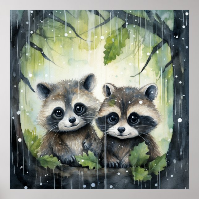 Póster Dos crías de mapache bajo la lluvia (Frente)