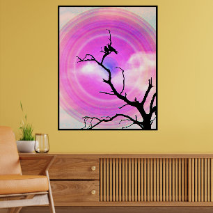 Póster Dos Crows Silhouette BW Fotografía Con Sol Púrpura
