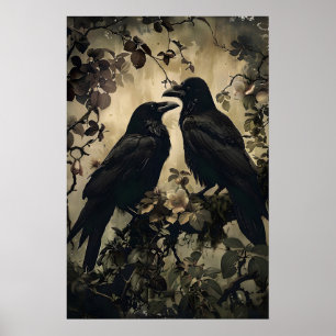 Póster Dos Cuervos En Bosque Floral Malhumorado Imprimibl