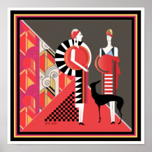 Póster Dos damas con un Poster de perro Art Deco 12 x 12