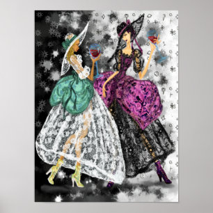 Póster Dos damas en vestidos de encaje modernos de negro