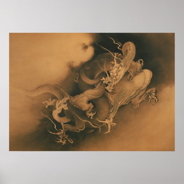 Póster Dos dragones en las nubes vintage japonés (Frente)