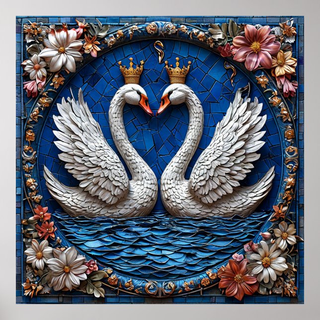Póster Dos elegantes cisnes con coronas (Frente)