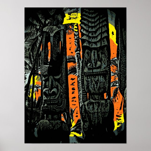 Póster Dos estatuas de tiki amanecen poster tropical (Frente)