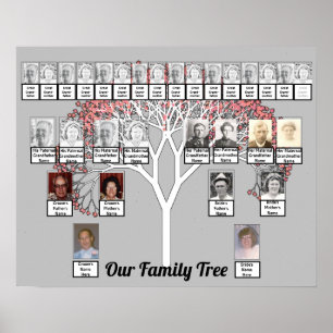 Póster Dos familias Grey Fractal Tree Photo Name Poster