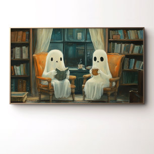 Póster Dos fantasmas acogedores leyendo en una biblioteca