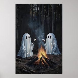 Póster Dos Fantasmas Junto a Fogata en Bosque Con Malvavi