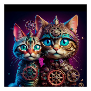 Póster Dos gatitos Steampunk posan
