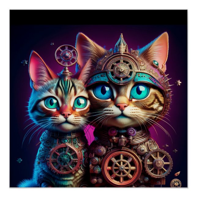 Póster Dos gatitos Steampunk posan (Anverso)