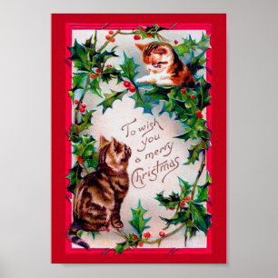 Póster Dos gatitos y Navidades Holly