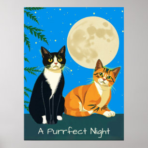 Póster Dos gatos bajo la luna llena