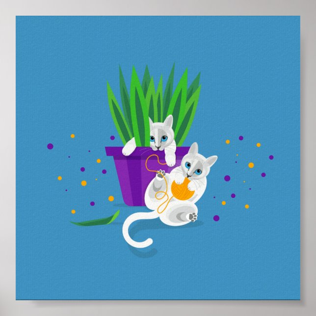Póster Dos gatos blancos geométricos jugando alrededor (Frente)