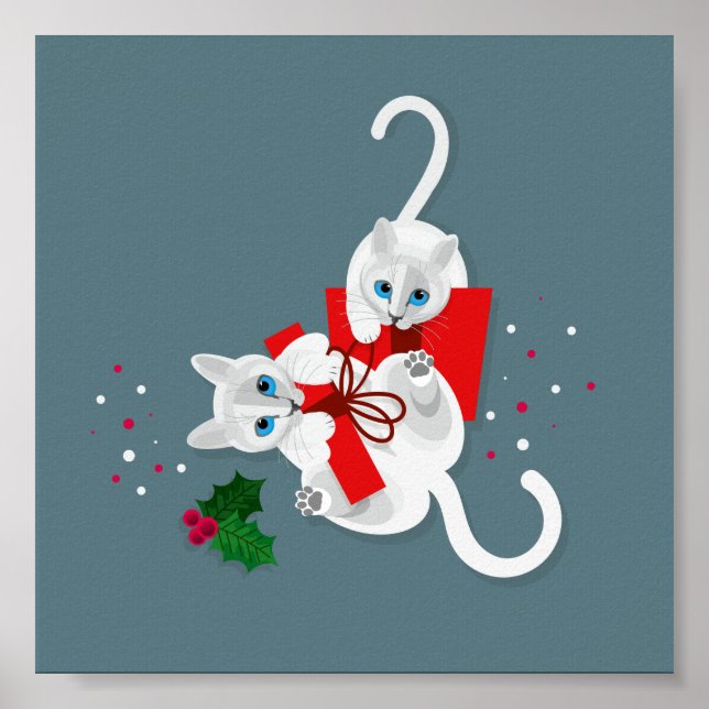 Póster Dos gatos blancos geométricos jugando con regalo (Frente)