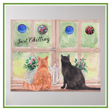 Dos gatos en la ventana Flores de sereno escénico