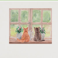 Dos gatos en la ventana Flores de sereno escénico