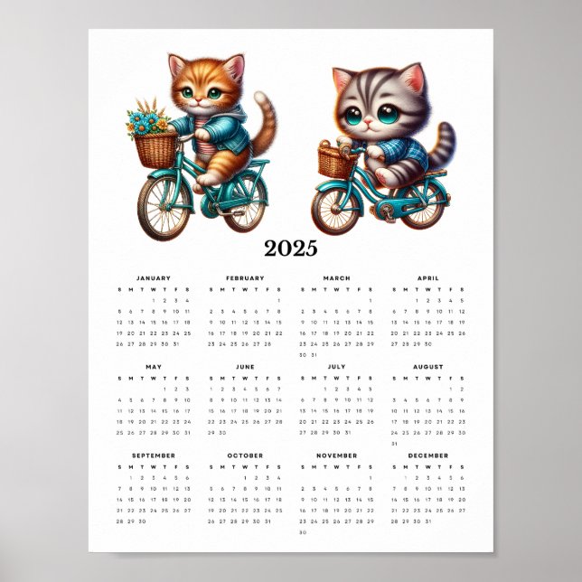 Póster Dos gatos gatitos en bicicleta Calendario de pared (Frente)