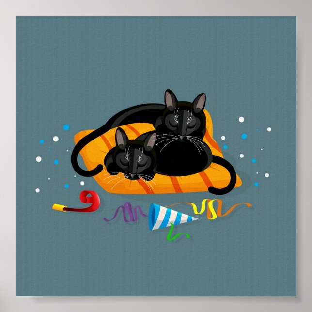 Póster Dos gatos negros geométricos dormidos después del  (Frente)