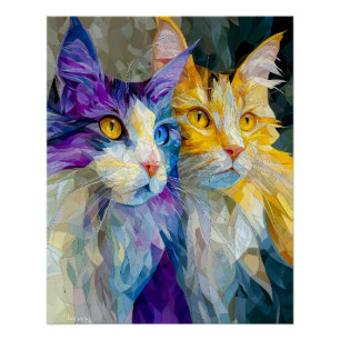 Póster Dos gatos púrpura y amarillos