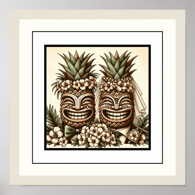 Póster Dos Grooms Gay Pineapple Tiki Head Retro Boda (Frente)
