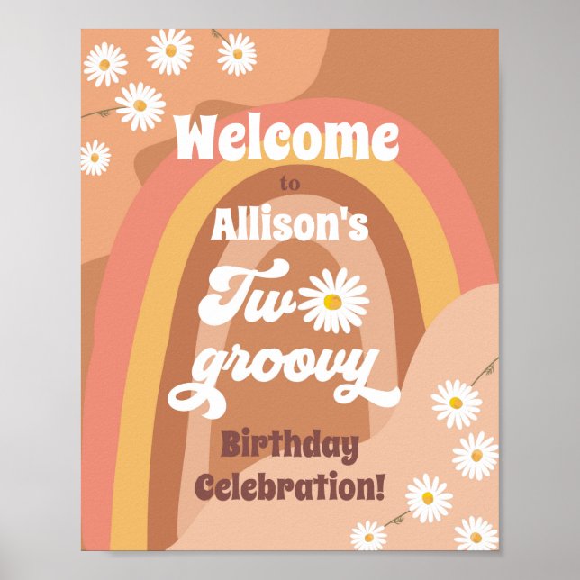 Póster Dos Groovy Bienvenida Retro Hippie Daisy Cumpleaño (Frente)
