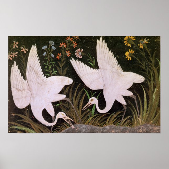 Póster Dos grullas al borde de un estanque (Frente)