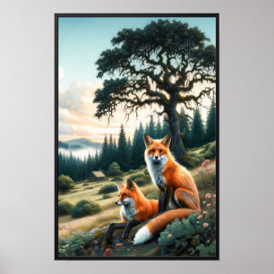 Póster Dos hermosos zorros rojos acuarela descansando