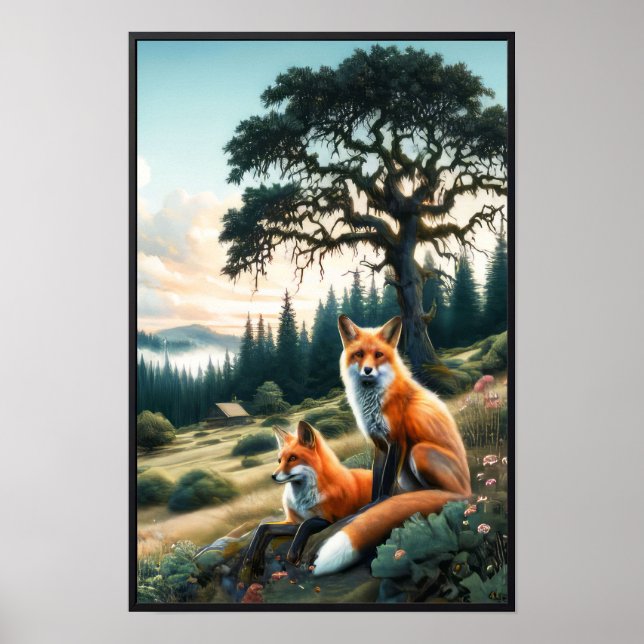 Póster Dos hermosos zorros rojos acuarela descansando (Frente)