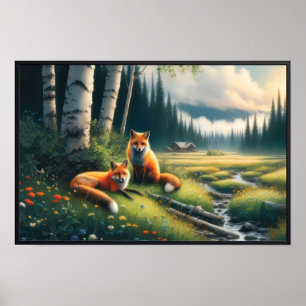 Póster Dos hermosos zorros rojos descansando