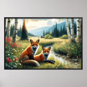 Póster Dos hermosos zorros rojos descansando