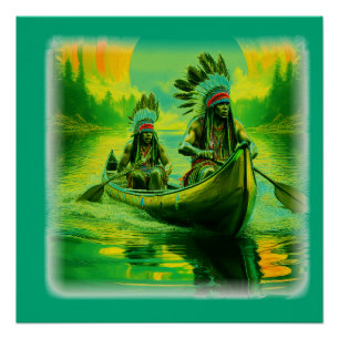 Póster Dos indios están remando en el lago