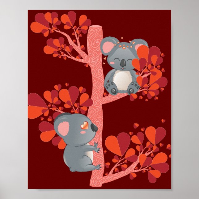 Póster Dos koalas kawaii con árbol de corazones (Frente)